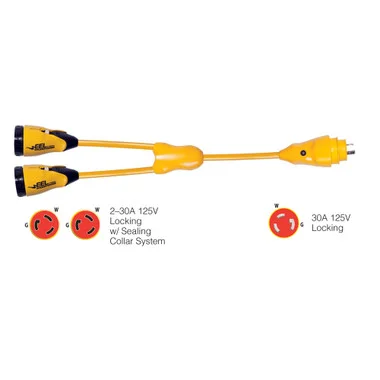 Adaptateur Marinco Y30-2-30 EEL (2)30A-125V femelle vers (1)30A-125V mâle en « Y » – Jaune