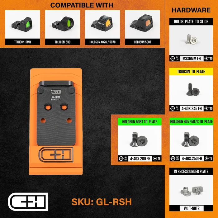 GL-RSH – C&H Precision paltine V4 MIL/LEO Adapter Trijicon RMR / SRO Holosun 407C / 507C / 508C / 508T Fits GLOCK MOS