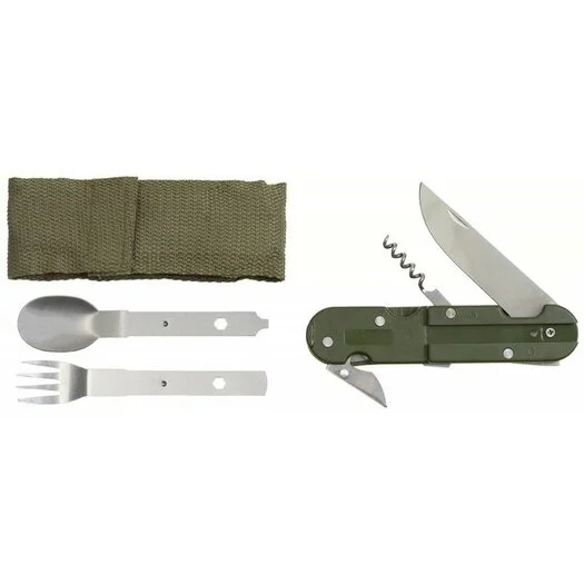 MFH Ensemble de couteaux de poche / couverts 3 pièces en acier inoxydable avec étui, vert olive