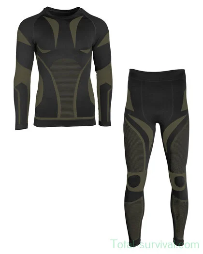 Mil-Tec Thermal Base Layer Set, Pantalon + Pull, Performance ECW, noir – vert olive