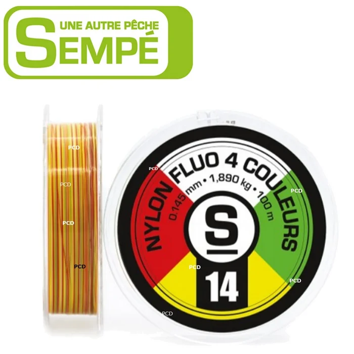 NYLON PIERRE SEMPE FLUO 4 COULEURS 100M BLANC, VERT, JAUNE ET ROUGE