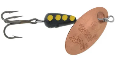 Spinner en ligne régulier Panther Martin , #6, 1/4oz, corps noir / point jaune – cuivre